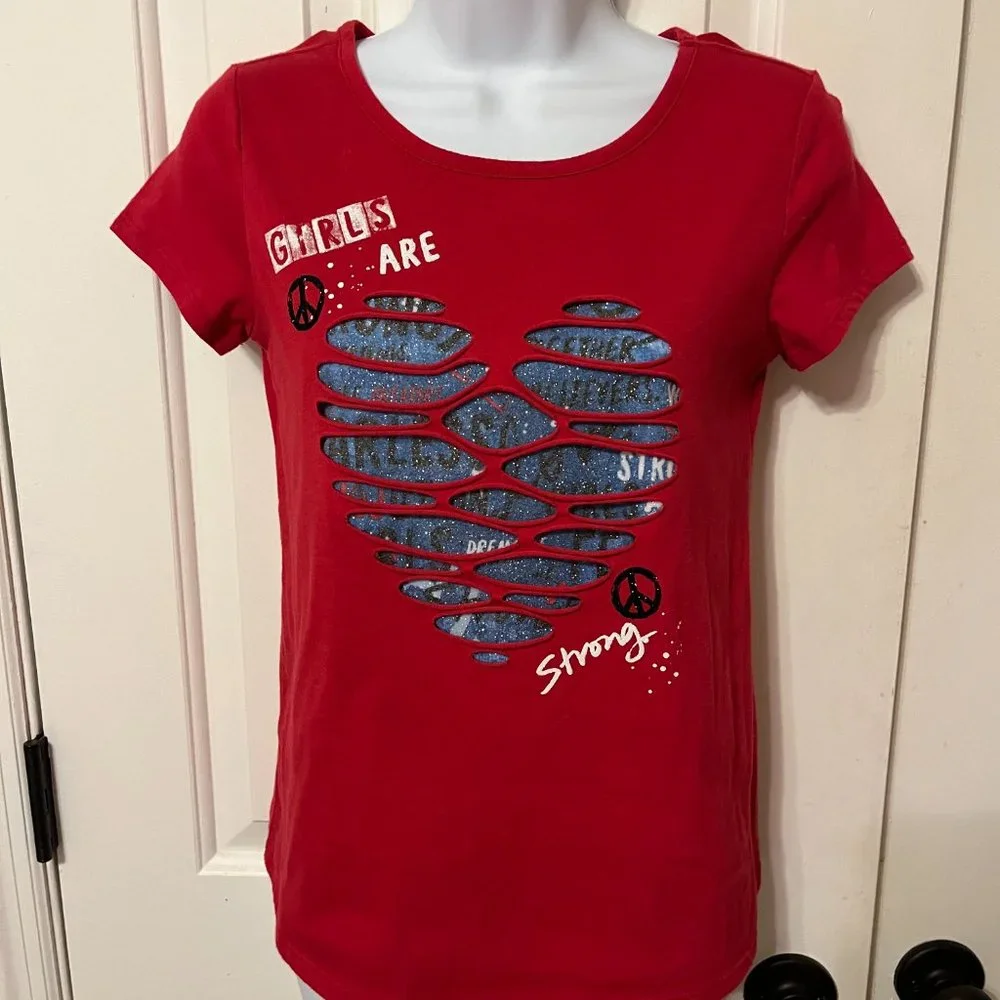 Justice stylish Girls Are Strong heart logo short sleeve top sz 12